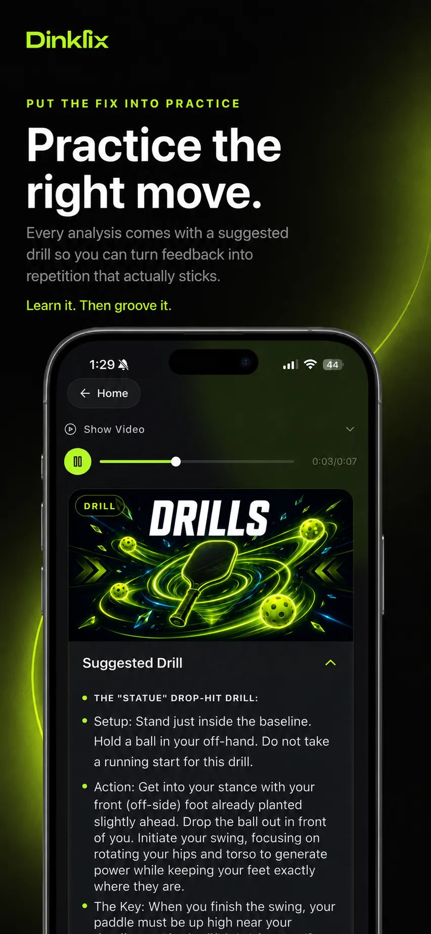 Dinklix suggesting the Statue drop-hit drill with setup, action, and the key checkpoint for the swing finish.