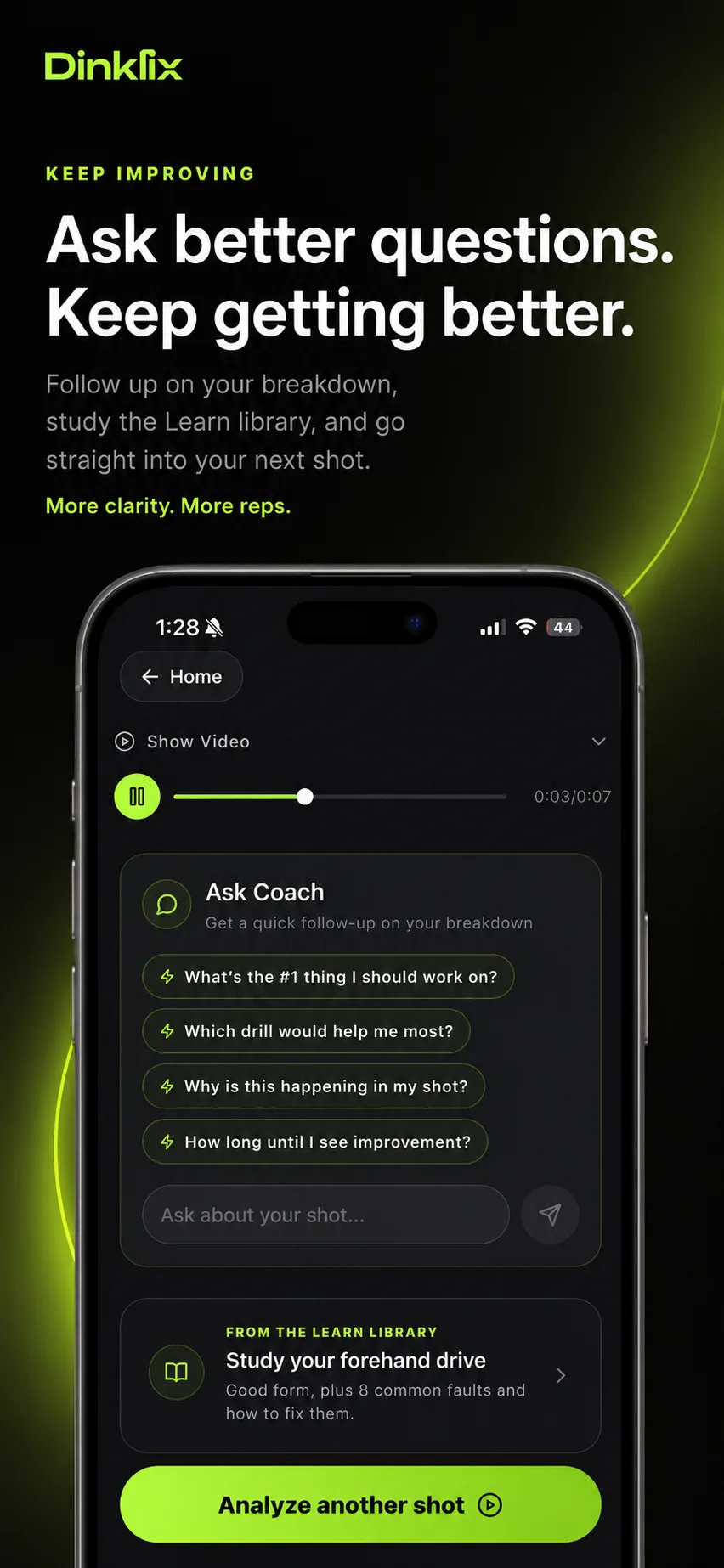 The Ask Coach panel in Dinklix with follow-up prompts such as what to work on first and which drill would help most.