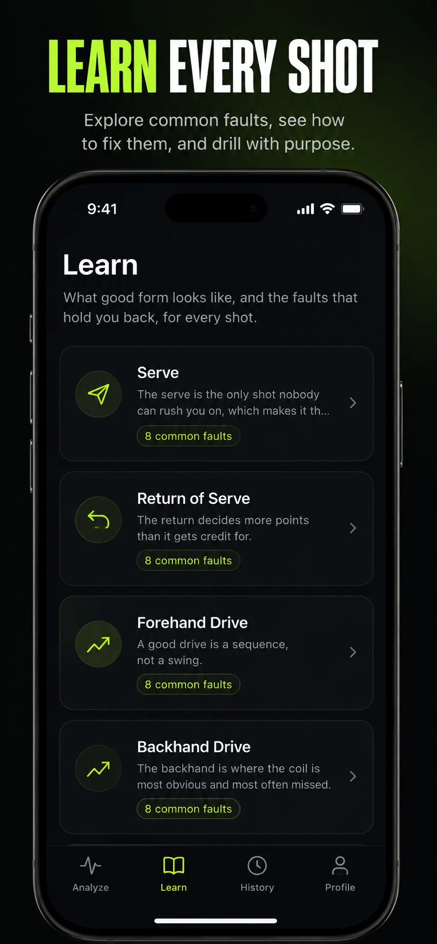 The Dinklix Learn tab listing the serve, return of serve, forehand drive, and backhand drive, each with eight common faults.
