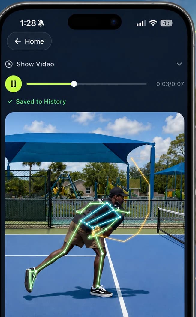 The Dinklix app playing back a pickleball drive with a green pose skeleton tracked onto the player's body.